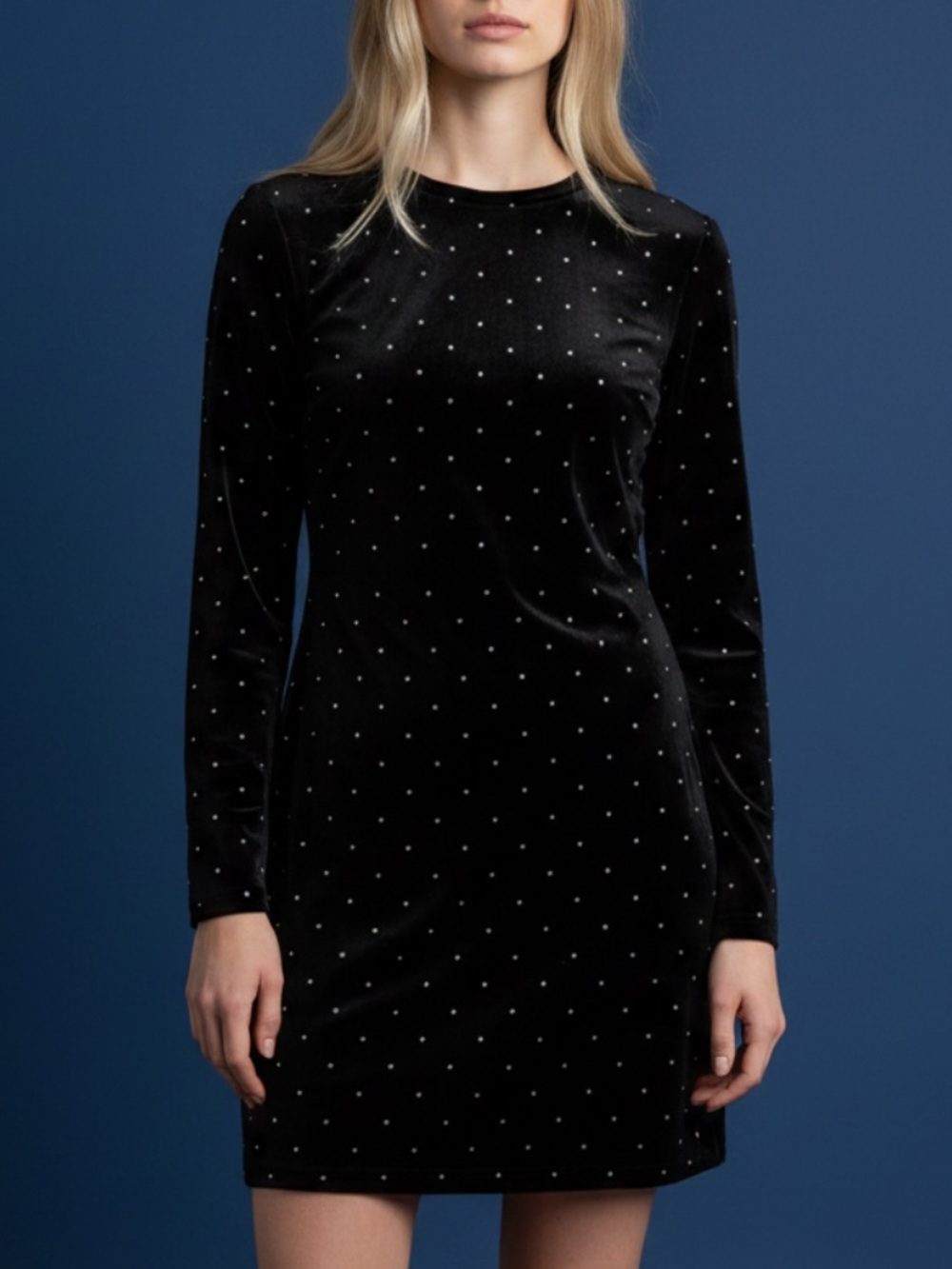 Black Velvet Long-Sleeve Dress with Stud Detail
